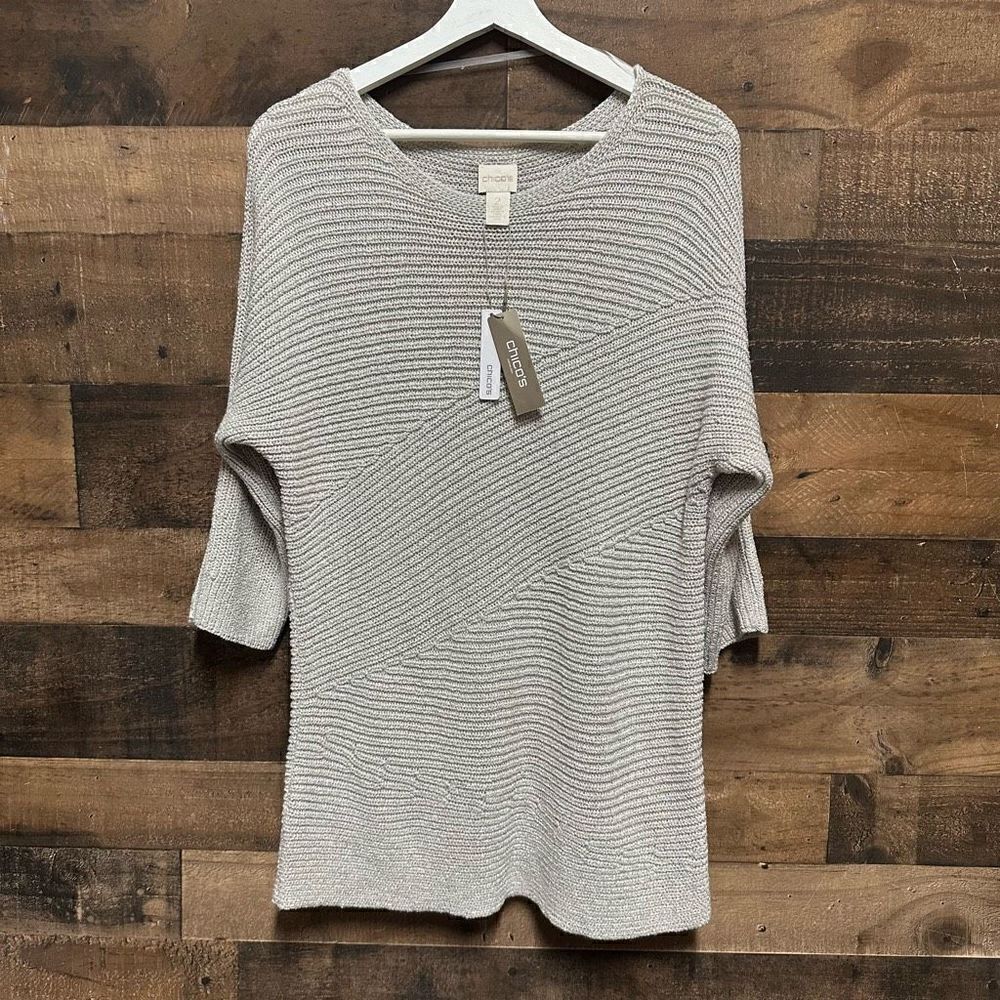 Chico’s Womens Size 2 Sweater Metallic Silver Knit Long Sleeve Boat Neck Top NWT